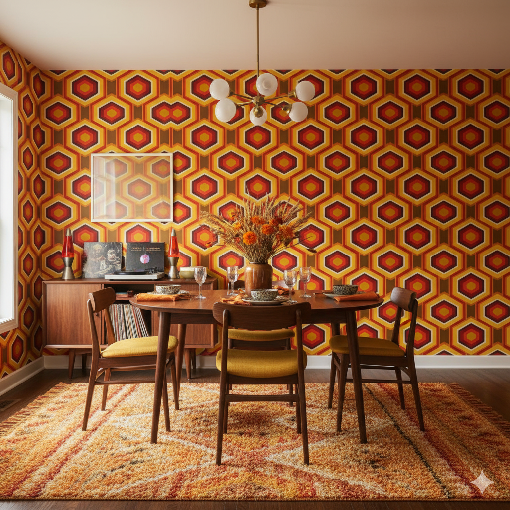 Retro hexagon wallpaper with an orange and brown pattern, decorating a dining room.
