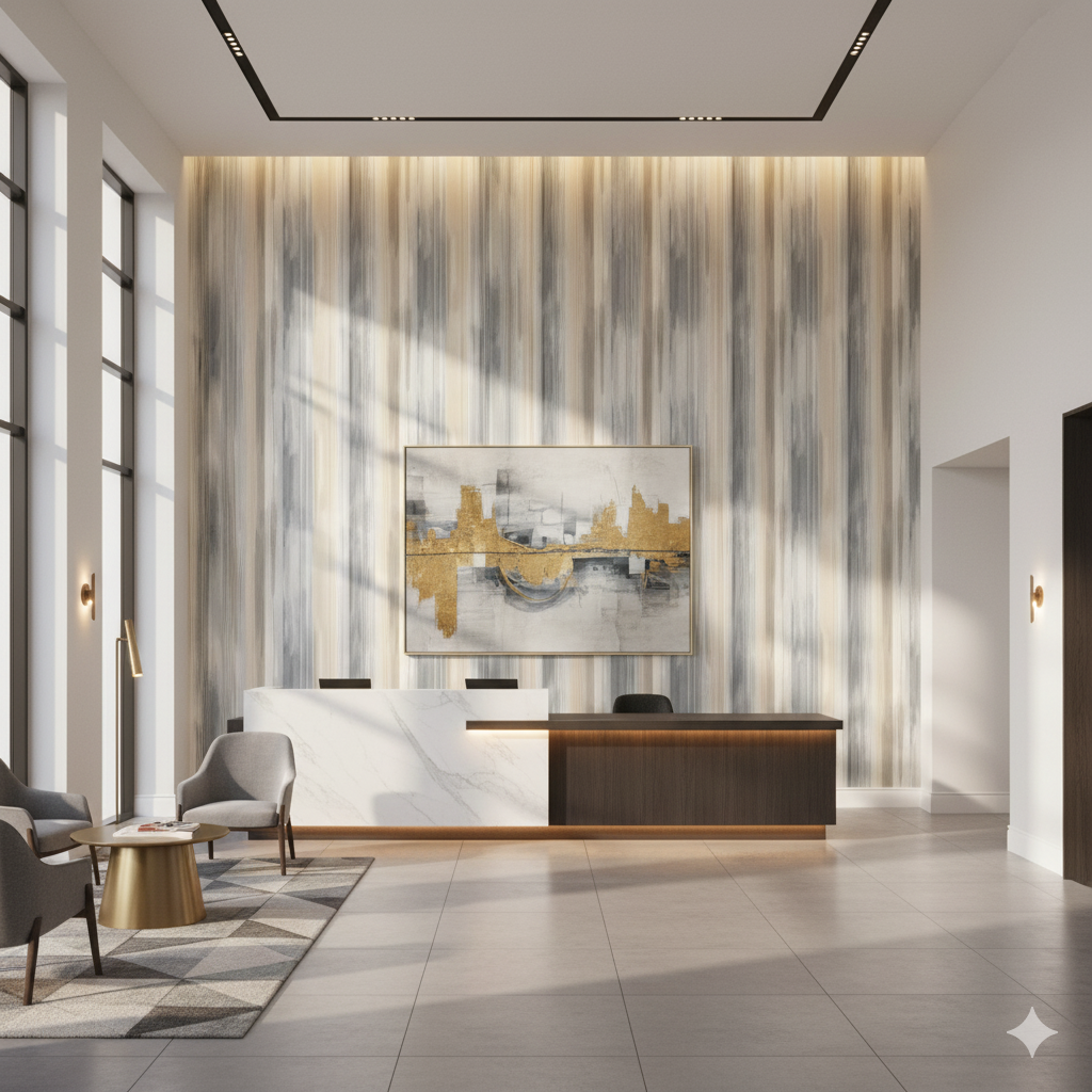 Sandswept Strata Wallpaper with vertical stripes, by Brewster Home Fashions, in an interior setting.