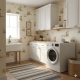 Kalahari Kin wallpaper with meerkat and grass designs, covering the laundry room walls.