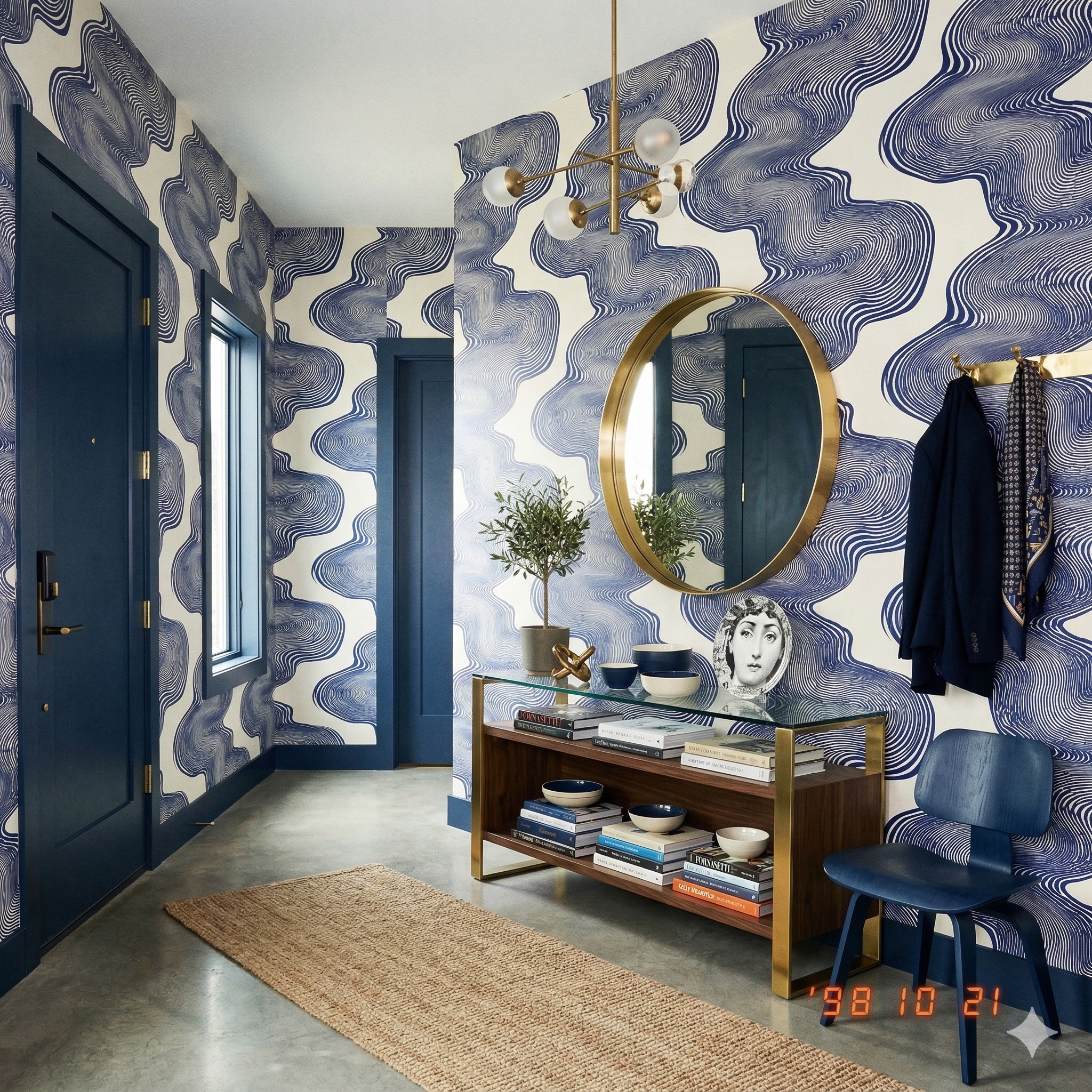 Cobalt drift wallpaper by Livette's Wallpaper with a swirling blue pattern on an off-white background, as seen in a styled entryway.
