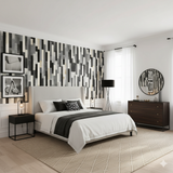 Echelon Panel wallpaper with a mix of black, gray, and off-white vertical rectangular blocks.