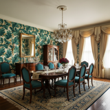 Verdura Grande Wallpaper with a leaf pattern on a dining room wall.