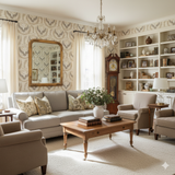Patterned wallpaper with circles, showcasing eagle and wreath motif.
