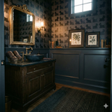 Invergray Terrace Wallpaper with a black dog pattern, displayed in a bathroom setting.