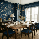 Floral Saltmarsh Briar Wallpaper with botanical pattern on a blue background.
