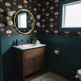 Midnight Café Royale Wallpaper with coffee cup pattern against dark brown backdrop.
