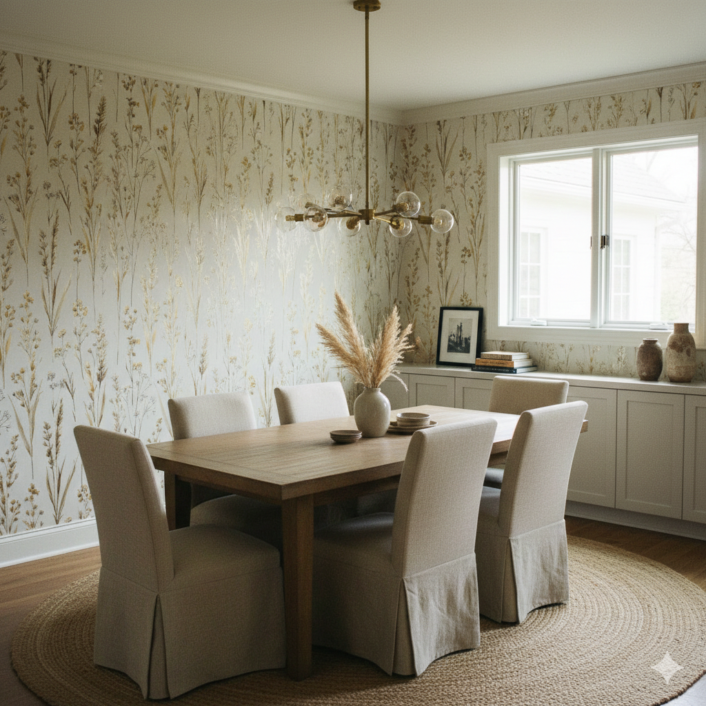 Golden Meadowwright wallpaper with a meadow pattern, covering a dining room wall with cream-colored furnishings.
