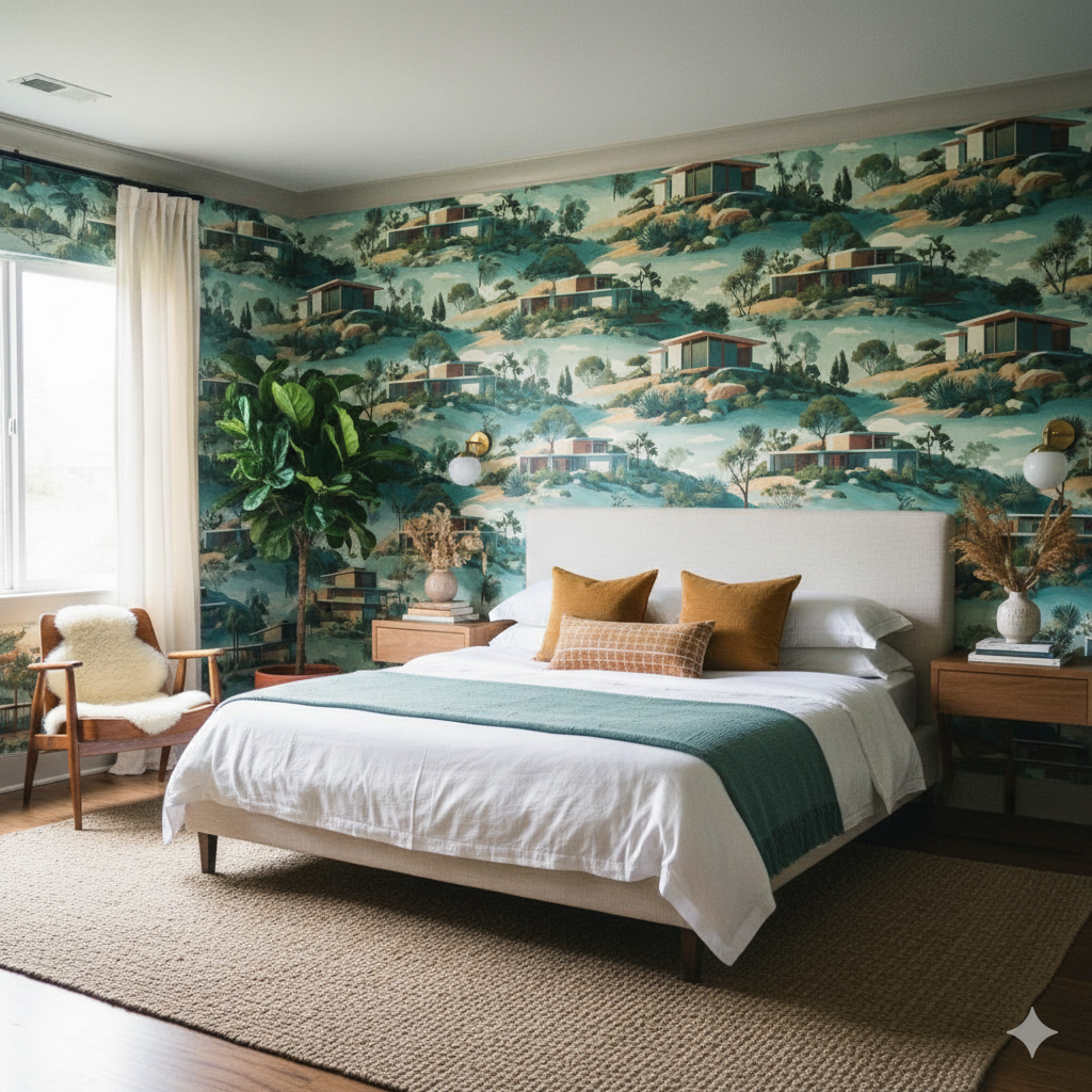 Sierra Crestfold Wallpaper with a landscape design featuring homes on hills, creating a unique and artistic backdrop.