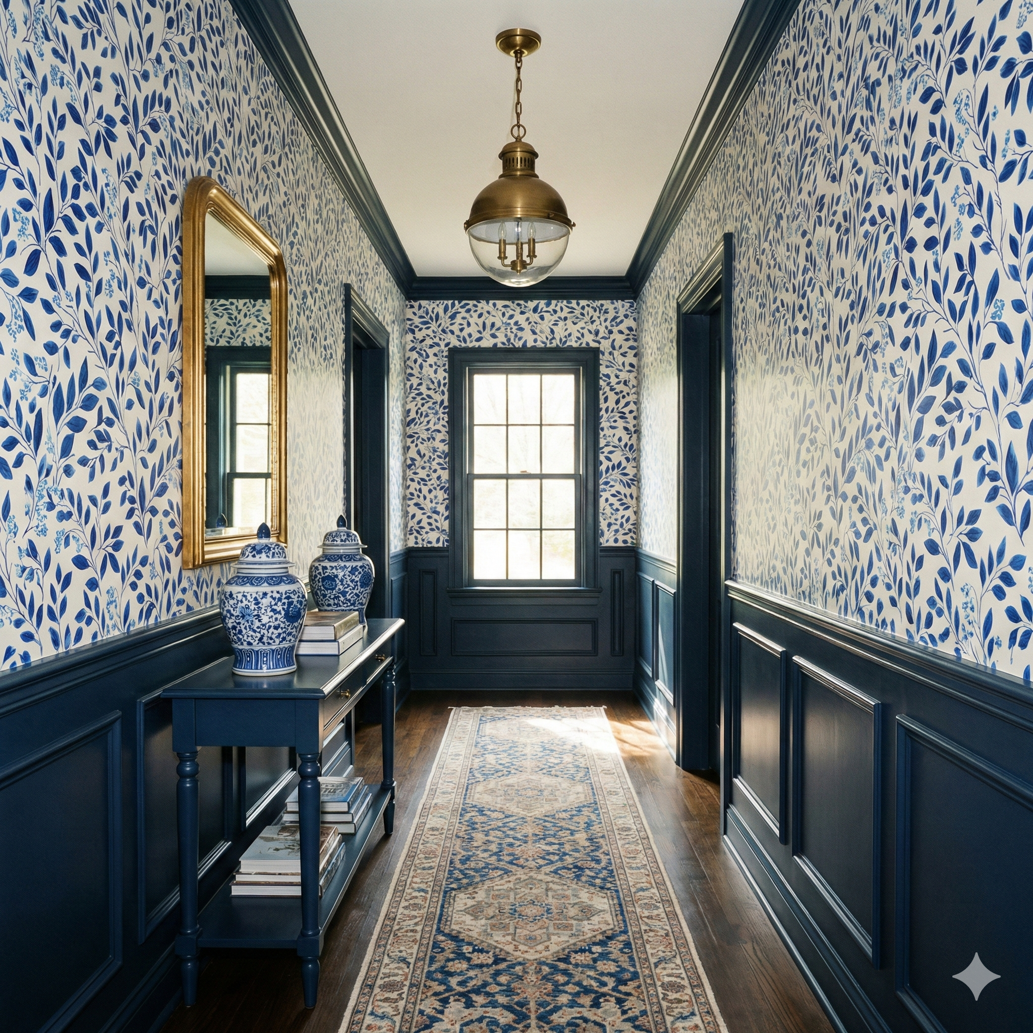 Meadowvine Wallpaper with a blue floral pattern on a white background.
