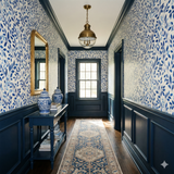 Meadowvine Wallpaper with a blue floral pattern on a white background.
