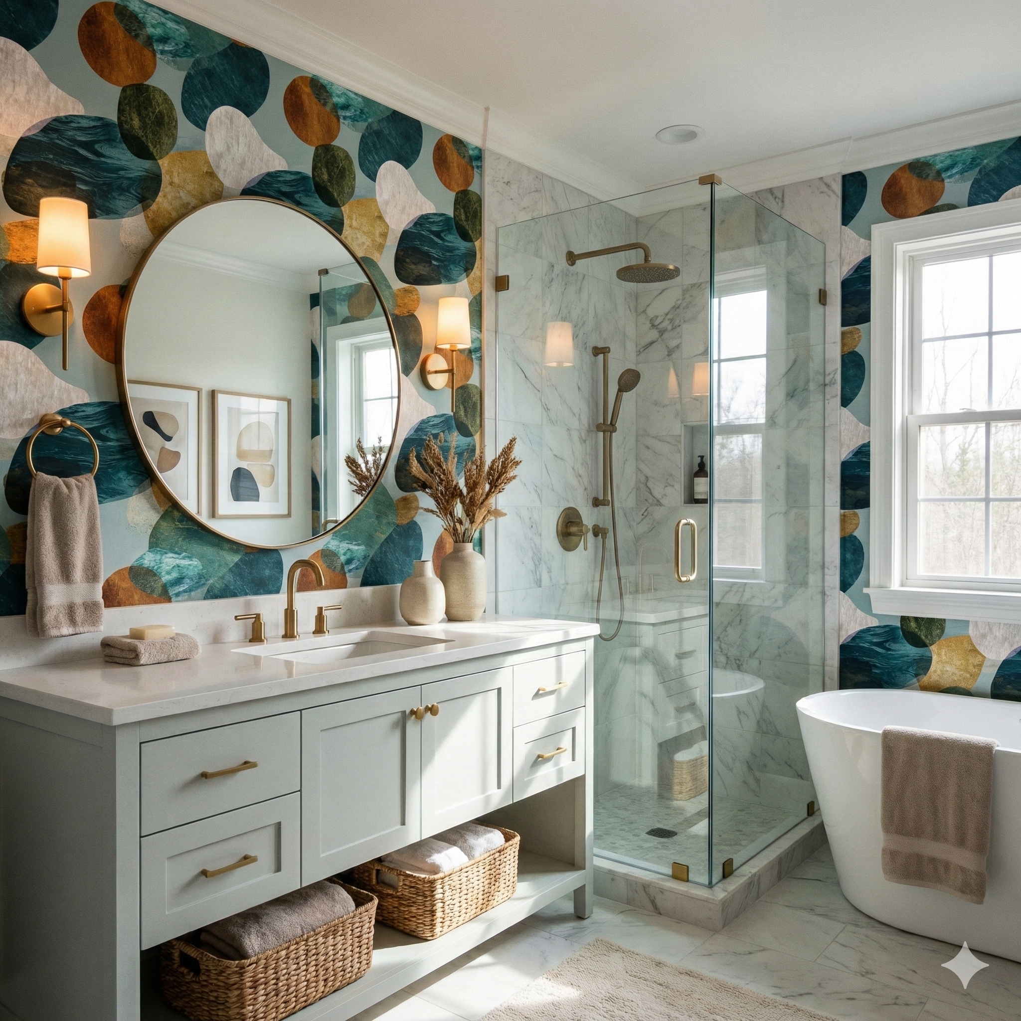 Abstract pebble pattern wallpaper with teal, brown, and white accents, featuring a round mirror and minimalist decor.