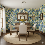 Bluebonnet Mesa Wallpaper with floral and cactus pattern, set in a dining room.