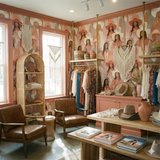 Desert Aurelia wallpaper with illustrated women in hats, from Milton & King, in a shop interior with bohemian decor.
