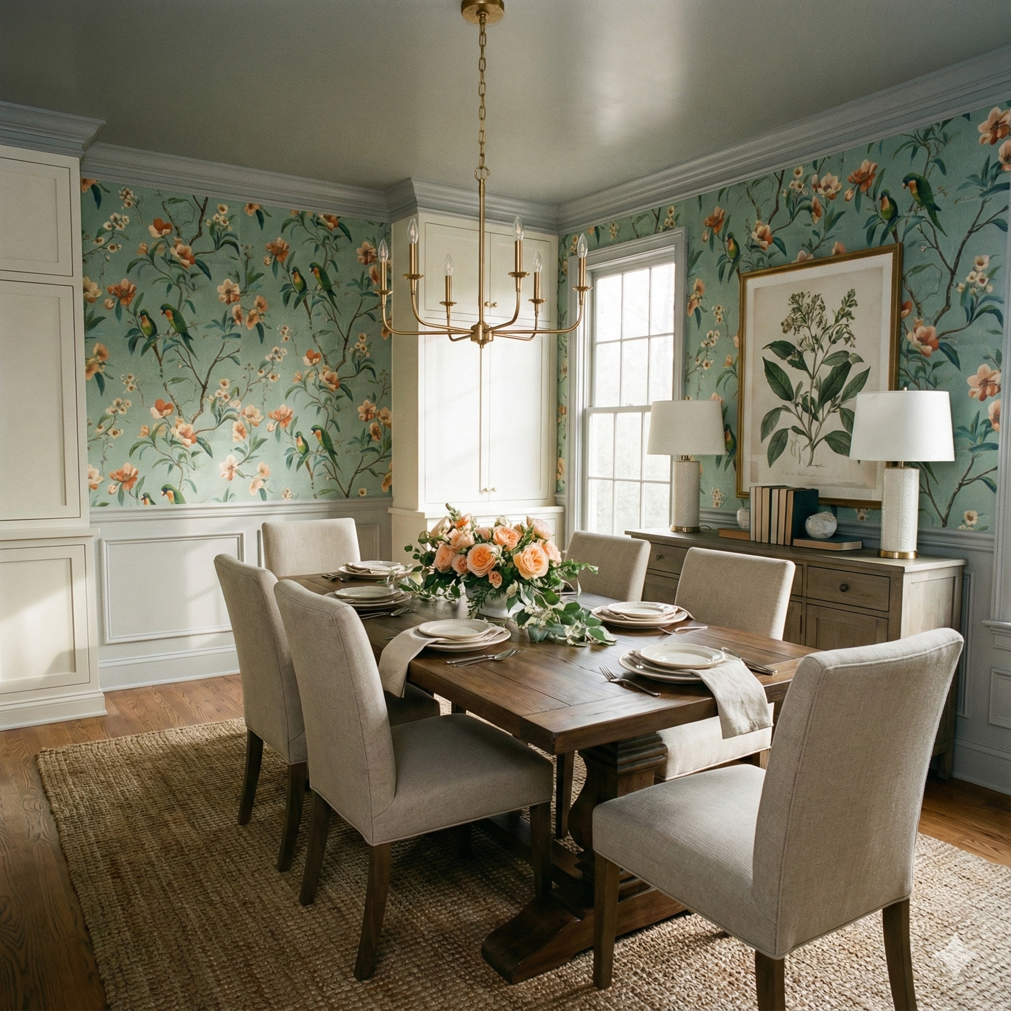 Verdant Lyric Grove Wallpaper featuring a floral and bird pattern, styled in a dining room.
