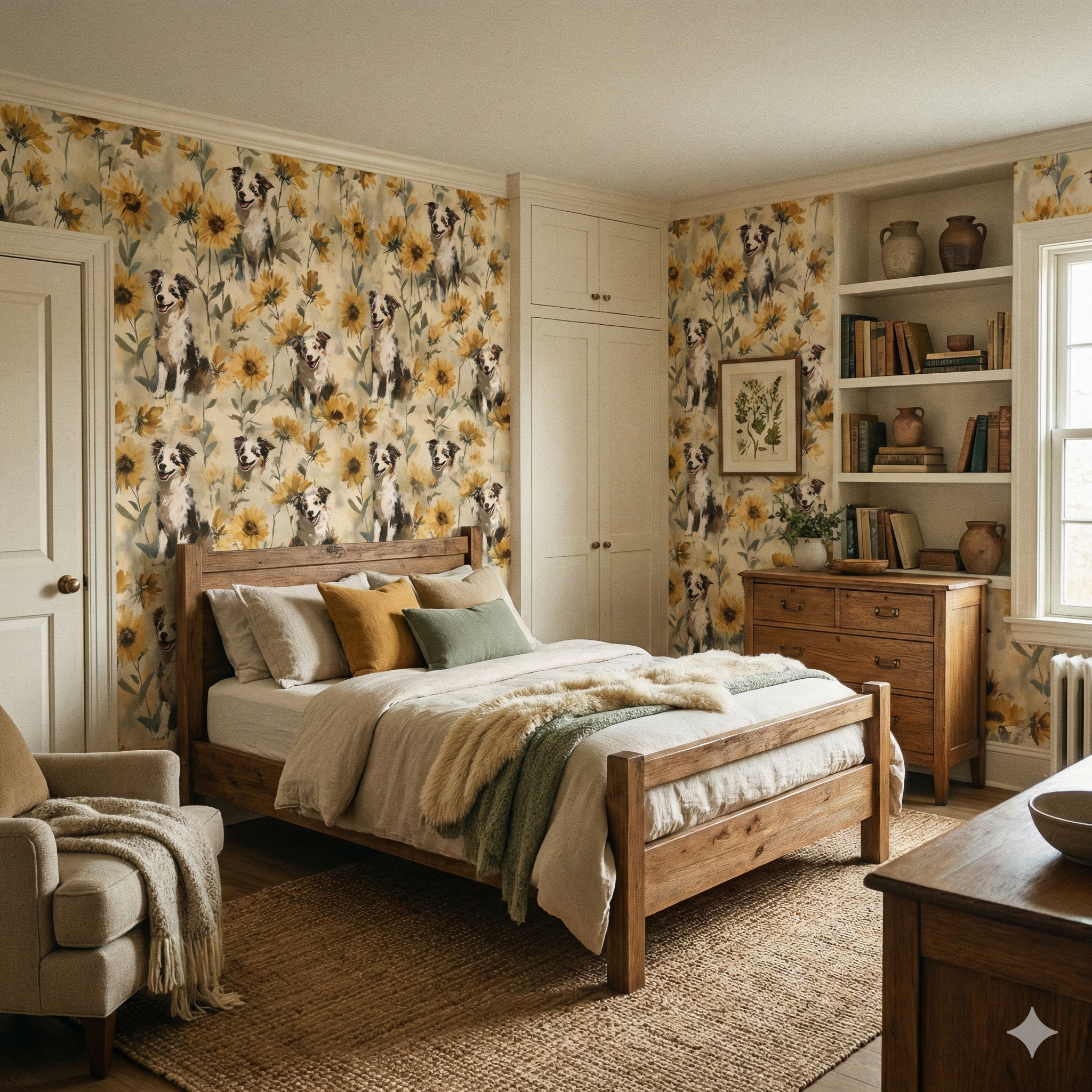 Sunlit Shepherd Wallpaper with a sunflower and dog pattern, covering a bedroom wall, next to a wooden bed frame.
