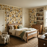Sunlit Shepherd Wallpaper with a sunflower and dog pattern, covering a bedroom wall, next to a wooden bed frame.
