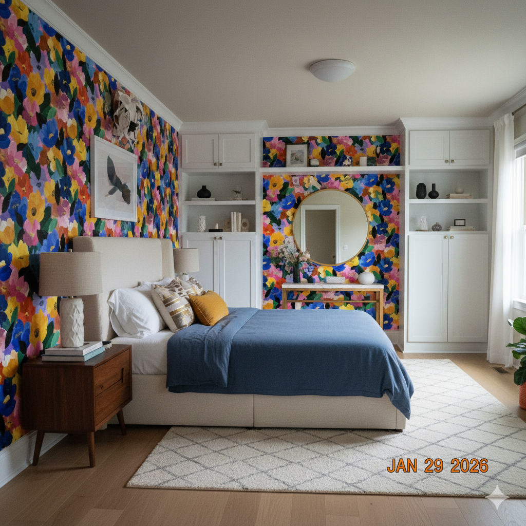 Petal Riot Wallpaper with colorful floral design covering the walls of a bedroom.