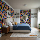 Petal Riot Wallpaper with colorful floral design covering the walls of a bedroom.