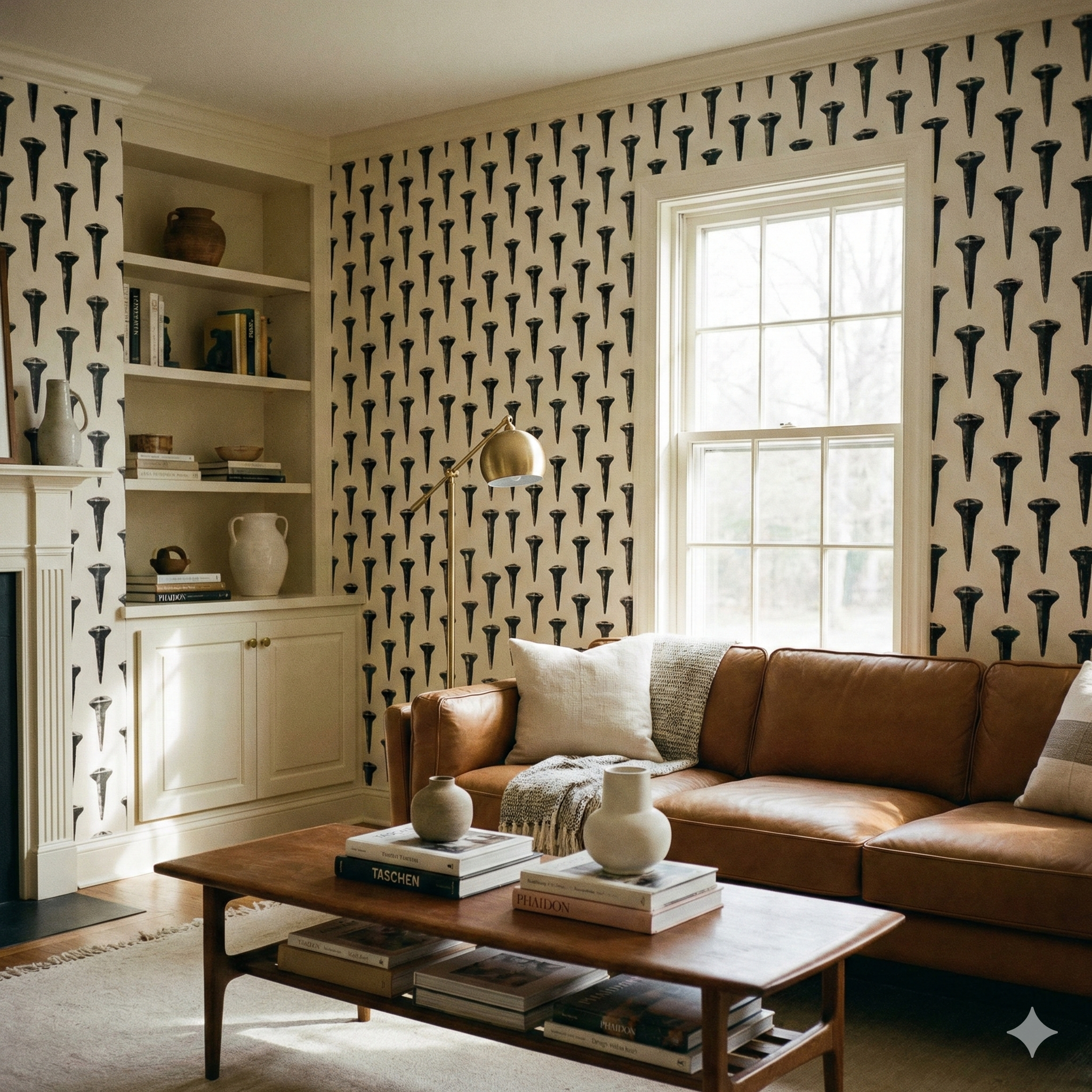 Black and white nail wallpaper pattern by Iron Range Mark, visible in a staged living room setting.