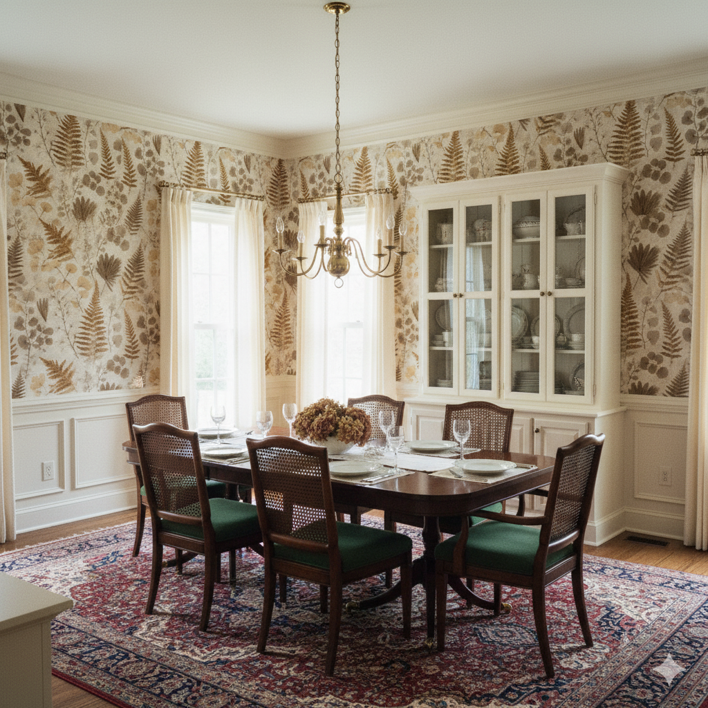 Botanical wallpaper with ferns by Eclipsera, patterned on a wall in a formal dining room setting.
