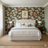 Blush Boughs wallpaper, featuring a botanical floral pattern with pink and cream blossoms and green foliage.

