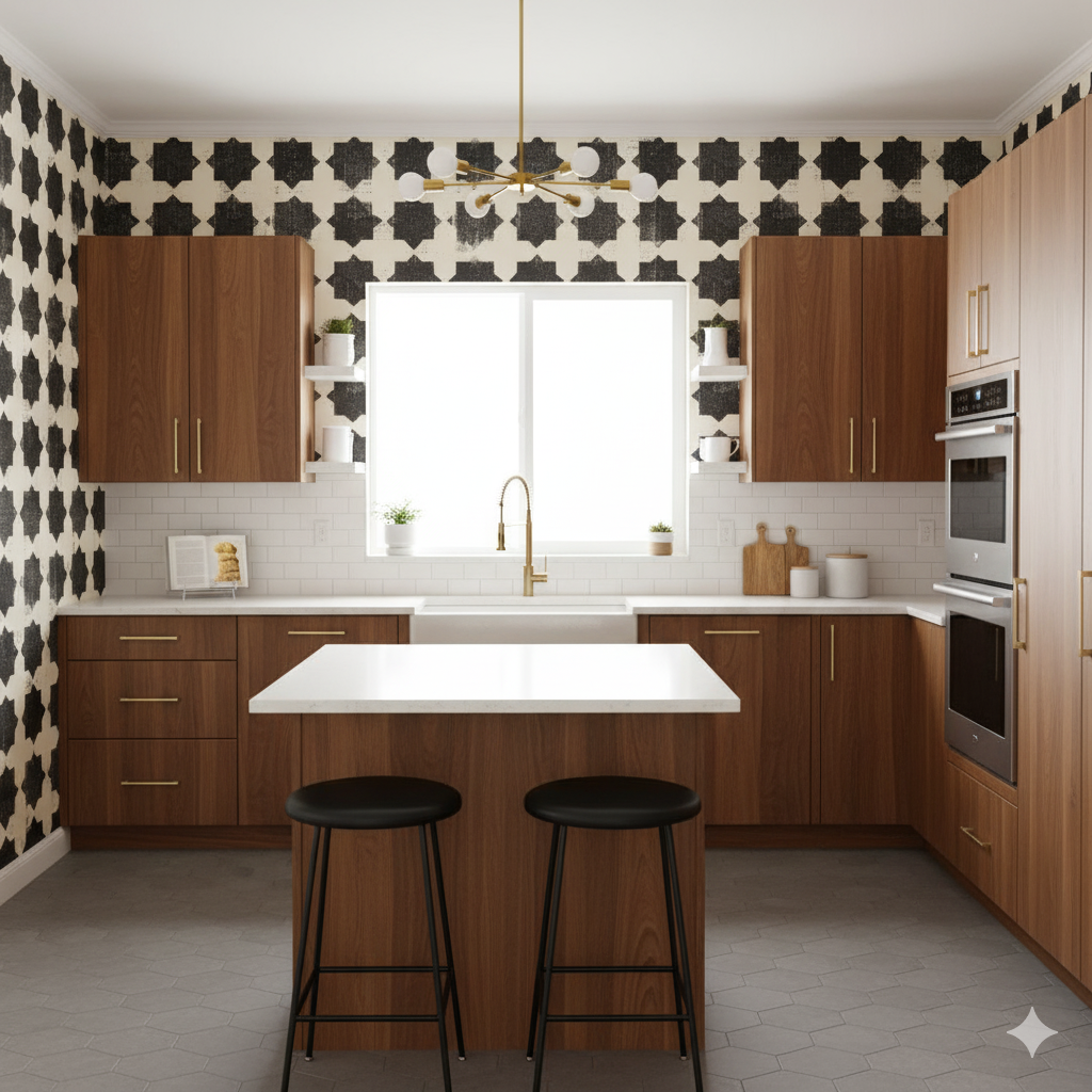 Iron Gate wallpaper in black and beige, patterned with distressed star-like shapes.