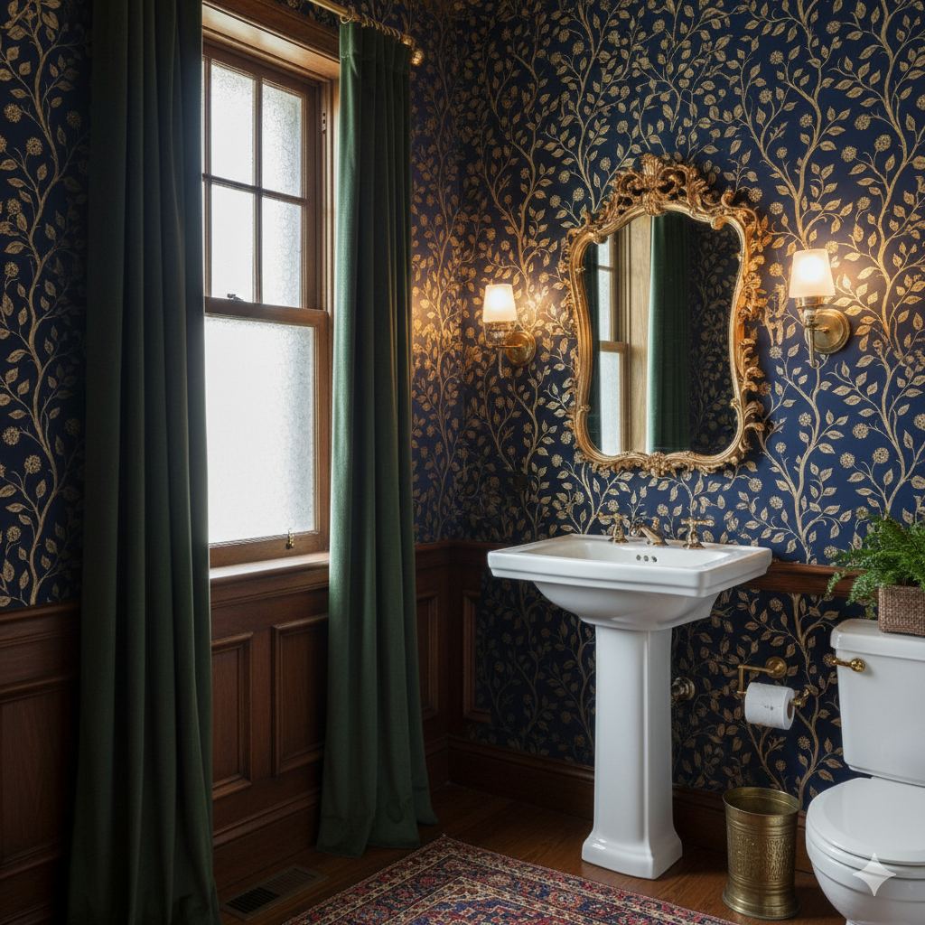 Orangerie wallpaper with a floral pattern on a blue background, decorating a bathroom with dark wood paneling.