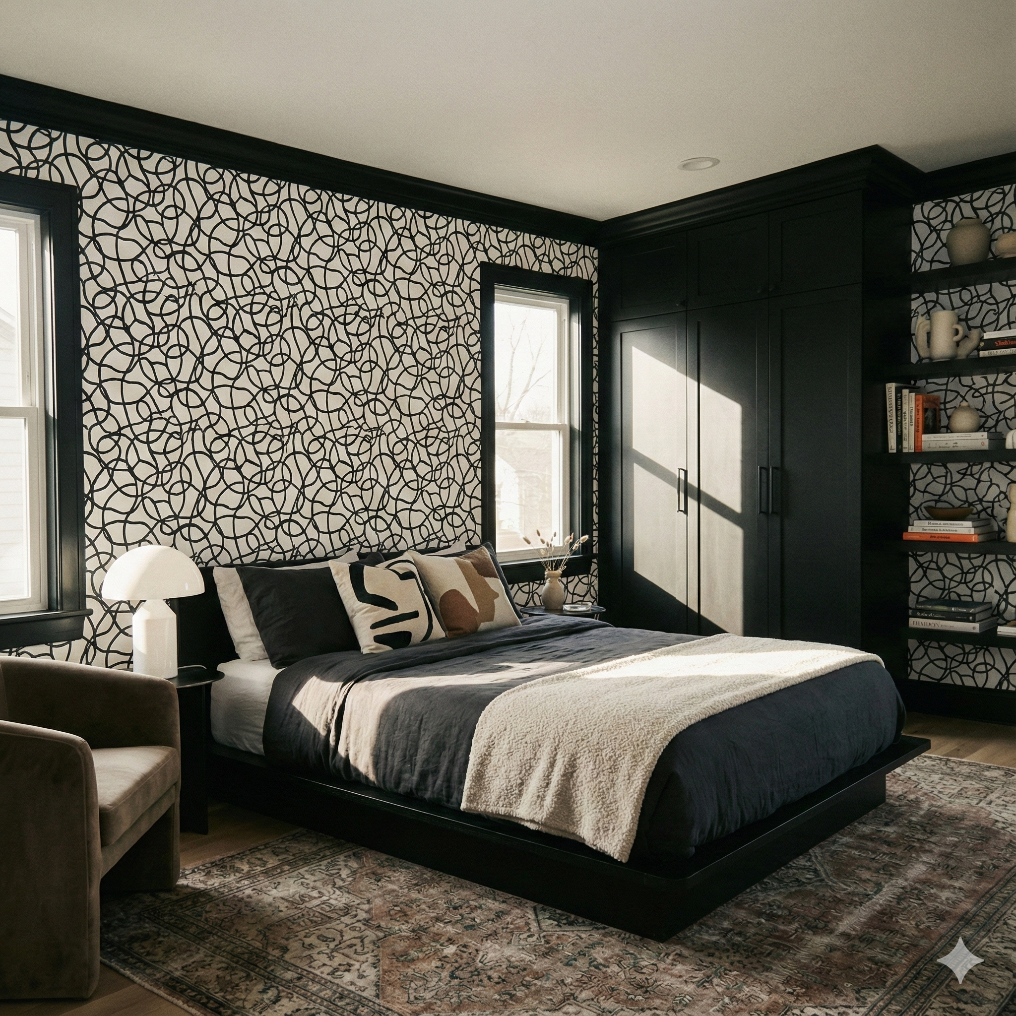 Inkline Carousel wallpaper with black swirling line design, seen on a bedroom wall.