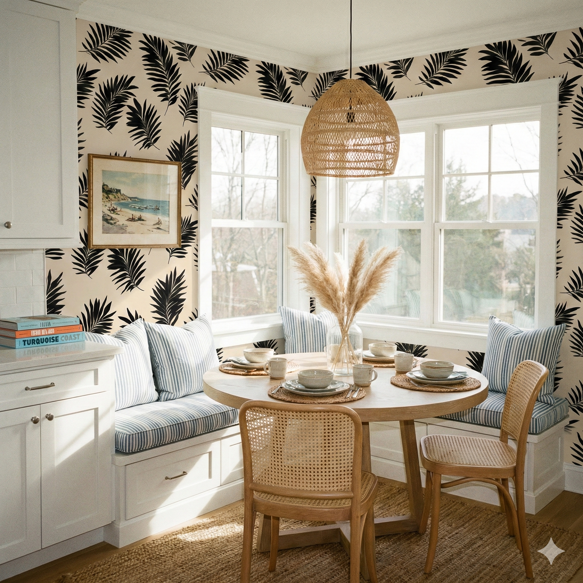 Blackwell Palm Wallpaper with black leaf pattern on a neutral beige background.