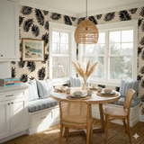 Blackwell Palm Wallpaper with black leaf pattern on a neutral beige background.