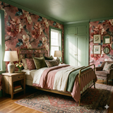 Petaline Nocturne Wallpaper with floral pattern, in a bedroom interior with a bed, rug, and armchair.
