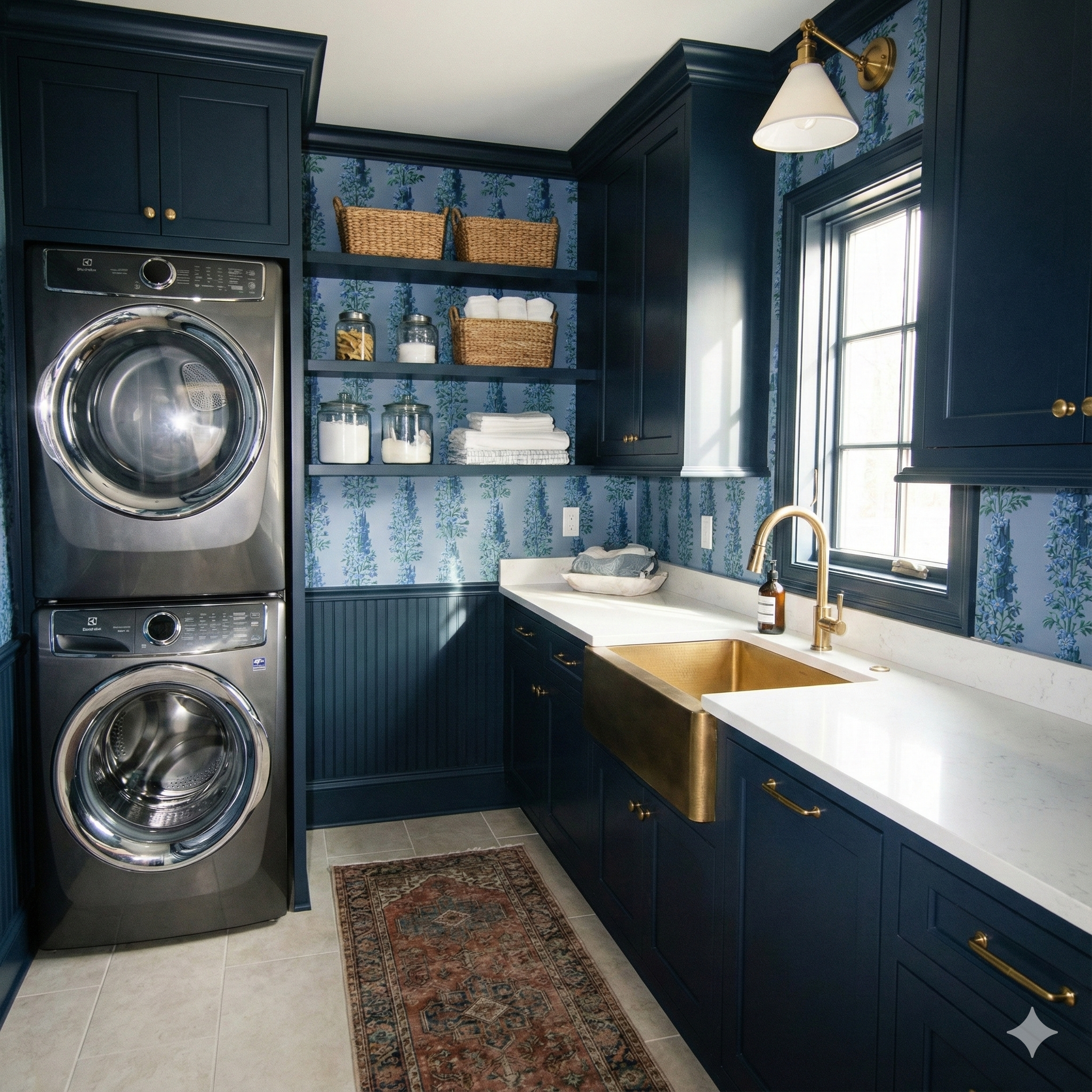Summit Larkspur Columns Wallpaper with floral pattern, shown in a navy blue laundry room.