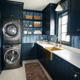 Summit Larkspur Columns Wallpaper with floral pattern, shown in a navy blue laundry room.