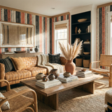 Coral ledger wallpaper featuring black and beige accents, over a stylish living room setting.