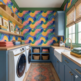 Colorful patterned wallpaper with yellow, pink, and green waves, no brand visible, in a laundry room.