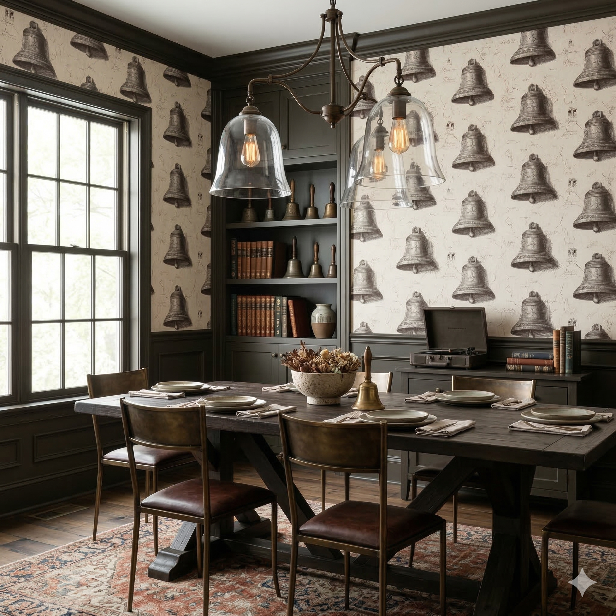 Patterned Foundry Echo Wallpaper featuring a repeating bell motif on a textured, neutral background.
