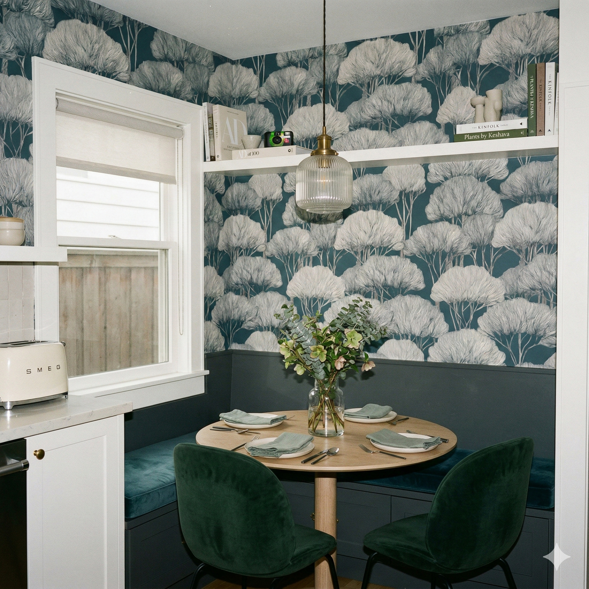 Patterned wallpaper with tree canopy design, with books and decorative objects on a shelf.