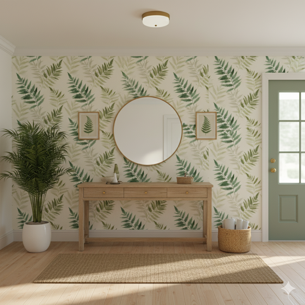 Verdant Fern Wallpaper with fern leaf pattern, decorating a neutral toned entryway with light wood furniture.

