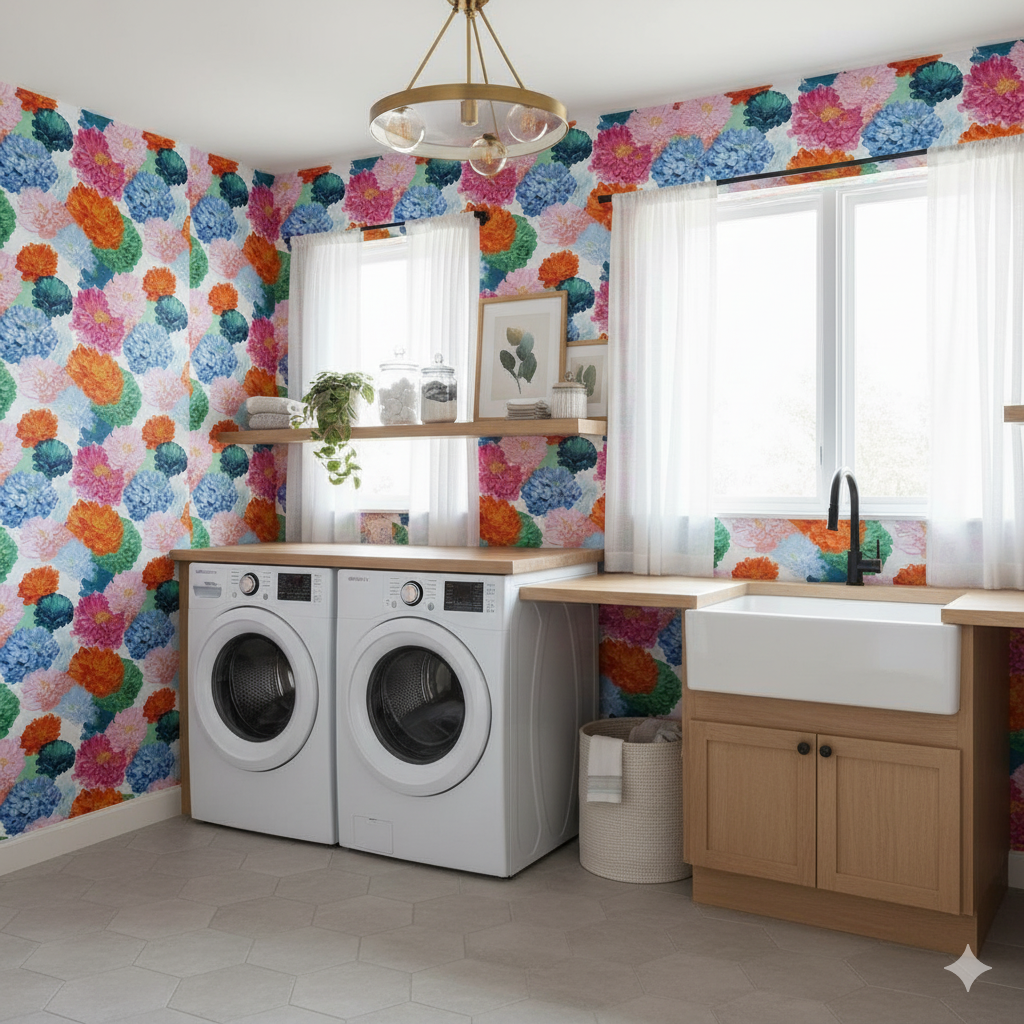 Chrysanthemum Sonata Wallpaper with floral pattern, decorating a laundry room with white appliances.