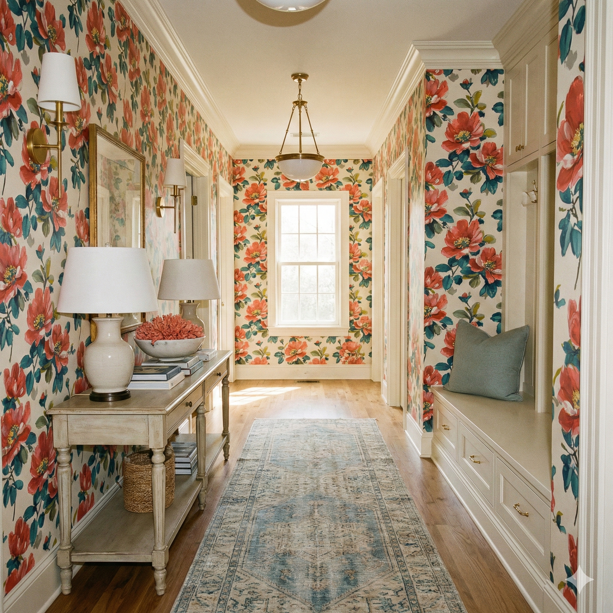 Floral wallpaper with coral and teal floral print pattern on a white backdrop.