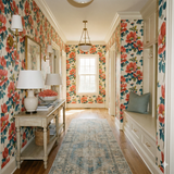 Floral wallpaper with coral and teal floral print pattern on a white backdrop.