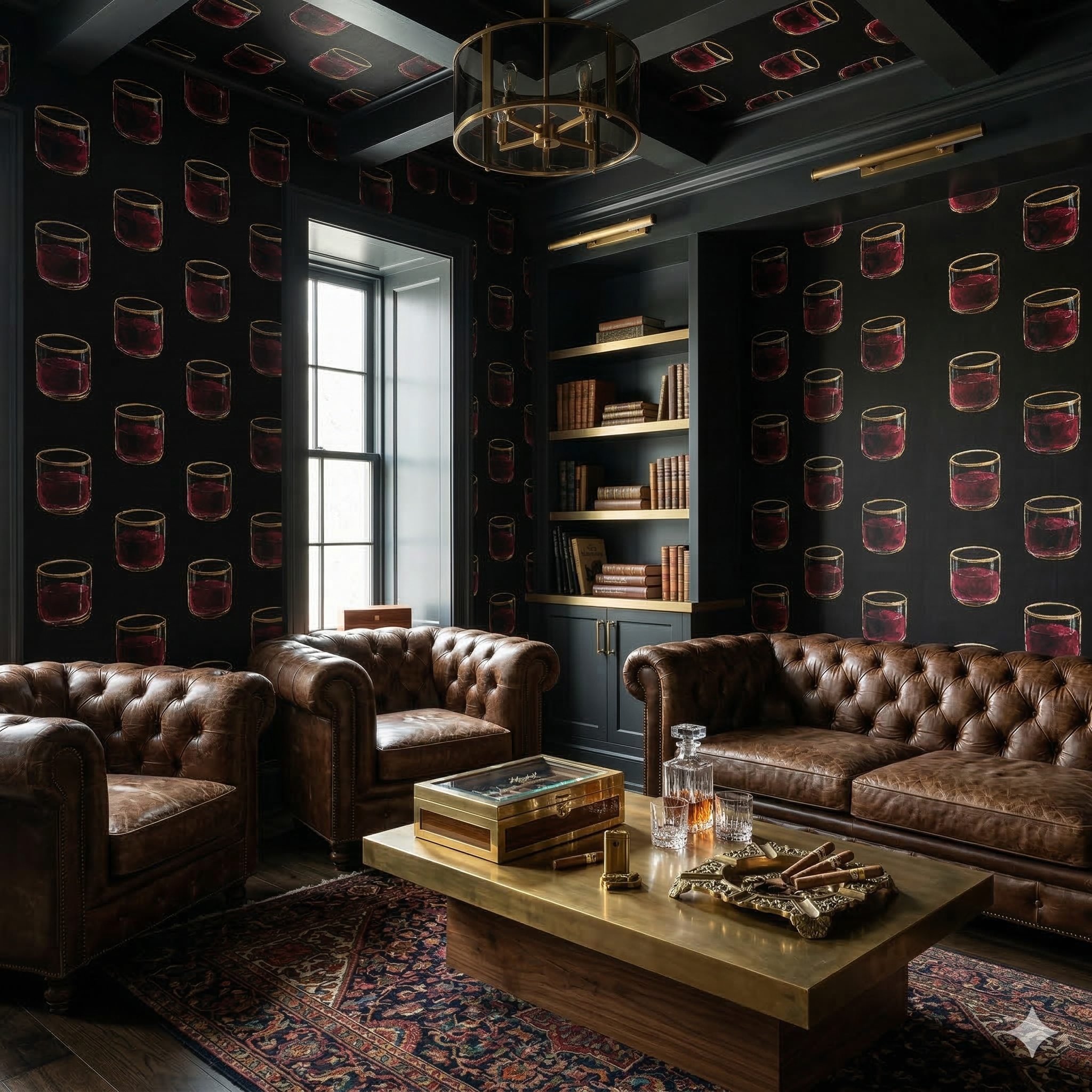 Crimson Reserve Wallpaper with cocktail glass pattern on the wall behind brown leather furniture and a decorative rug.