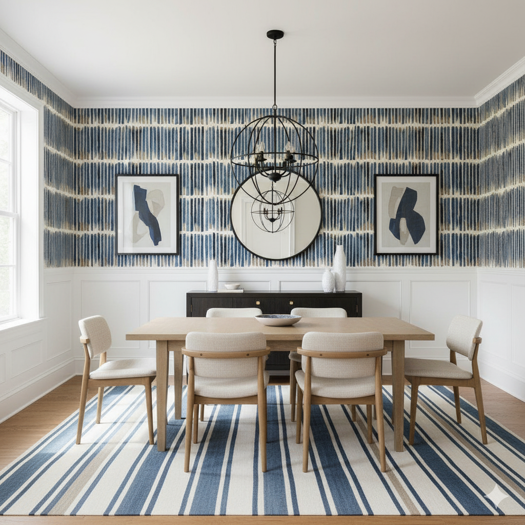 Bracken stripe wallpaper with blue vertical pattern on white, gold and blue background.