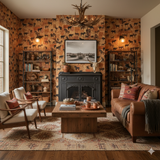 Cave Herd Wallpaper with animal pattern, covering the living room wall, with shelves, furniture and fire place.