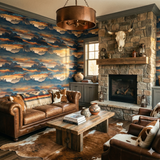 Evening in Oracle Wallpaper with mountain and desert pattern, featured in a Western-styled living room.