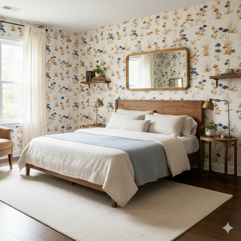 Indigo Mycelia wallpaper with mushroom pattern, in a bedroom setting, covering the whole wall.
