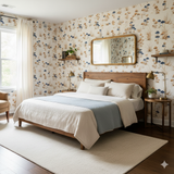 Indigo Mycelia wallpaper with mushroom pattern, in a bedroom setting, covering the whole wall.