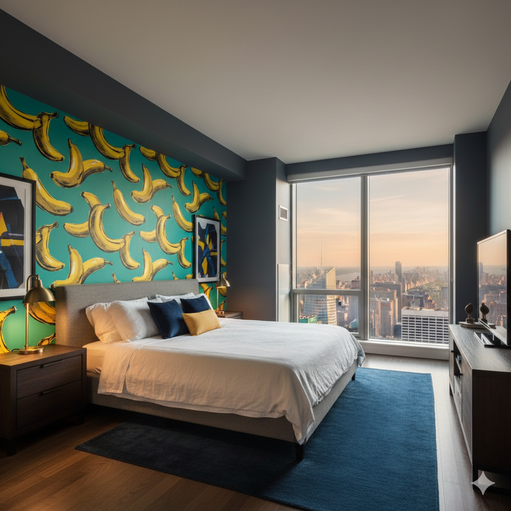 Velvet Peel Wallpaper with repeating banana motif, displayed on a bedroom accent wall.