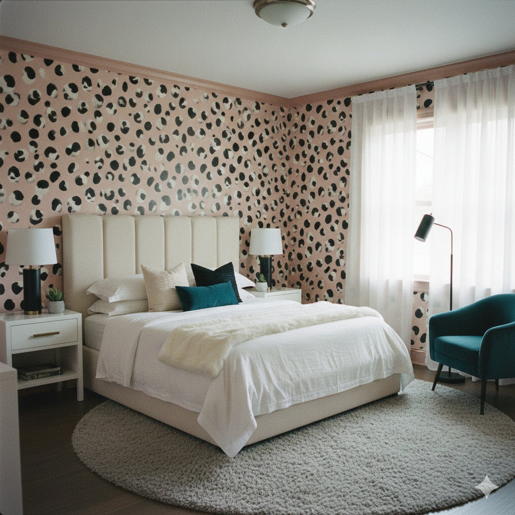 Freya Spot Wallpaper with black, white, and pink animal print, accenting a bedroom with modern decor.