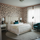 Freya Spot Wallpaper with black, white, and pink animal print, accenting a bedroom with modern decor.